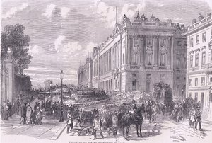 Levantando barricadas en las calles de París, Historia de la Guerra entre Francia y Alemania de Cassell, publicada por Cassell and Company Limited, c.1890 (litografía) de German School
