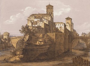 Isla Tiberina, Roma, Italia (litografía en color)