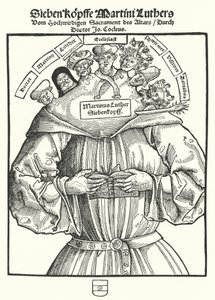 Página de título del folleto Las Siete Cabezas de Martín Lutero por Johannes Cochlaeus