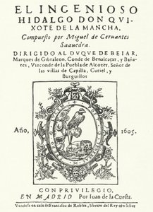 Portada de la primera edición de la novela Don Quijote, de Miguel de Cervantes (grabado) de German School