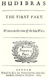 Página de título del poema satírico Hudibras de Samuel Butler, publicado en 1663 de German School