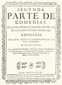 Portada del segundo de cuatro volúmenes de las Comedias de Calderón, publicado en 1637 (grabado) de German School