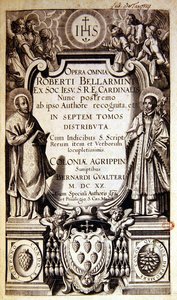 Página de título de Opera Omnia (obras completas) de Robert Bellarmine, edición publicada en Colonia en 1620 de German School