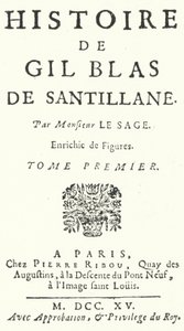 Portada de la primera edición de Gil Blas del novelista y dramaturgo francés Alain-René Lesage, publicada en 1715 de German School