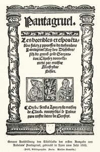 Página de título de la primera edición de Pantagruel, por el autor francés François Rabelais, impresa en Lyon en 1532 de German School