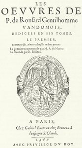 Portada del primer volumen de la rara y muy popular segunda edición de las obras de Pierre de Ronsard, publicada en seis volúmenes por el propio poeta (grabado) de German School