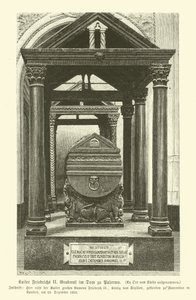 Tumba de Federico II, Emperador del Sacro Imperio Romano, en la Catedral de Palermo, Sicilia (grabado) de German School