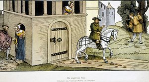 Esposa infiel recibiendo a su amante por la puerta trasera después de la partida de su esposo, Alemania