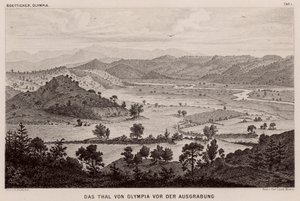 Valle de Olimpia, Grecia, antes de las excavaciones arqueológicas (grabado)