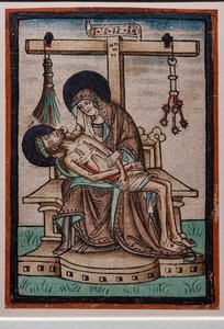 Vesperbild (Lamentación), xilografía en acuarela del grabador alemán, c.1450. Los símbolos de la Pasión de Cristo cuelgan de la cruz.