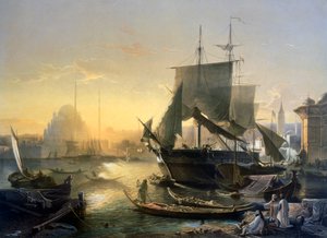Vista de barcos en el Bósforo al atardecer