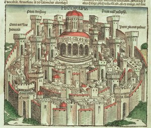 Vista de la ciudad amurallada de Jerusalén mostrando el Templo de Salomón y las puertas de la ciudad, del Crónica de Núremberg por Hartmann Schedel (1440-1514) 1493 de German School