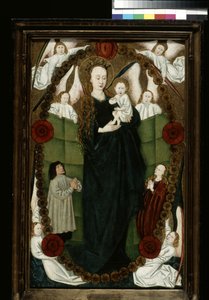 Virgen del Rosario con patronos y angeles (óleo y oro sobre madera)