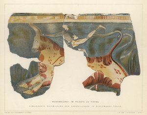Pintura mural del palacio micénico en Tirinto, Grecia, excavada por el arqueólogo alemán Heinrich Schliemann de German School