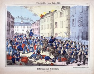 Guerra de 1870: La captura de Wissembourg (Batalla de Weissenburg) entre los soldados del ejército prusiano y los franceses el 4 de agosto de German School