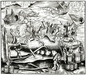 Pesca de ballenas, después de un grabado en Cosmographie Universelle de Munster, publicado en 1552 de German School