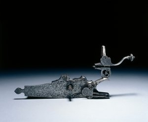 Cerrojo de rueda de un rifle de caza, principios de 1700 (acero, grabado) de German School