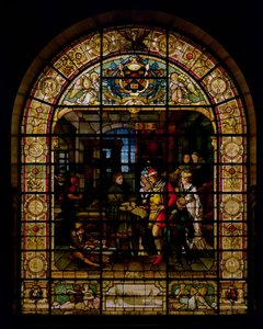 William Caxton mostrando su primer libro impreso a Eduardo IV y su esposa, Elizabeth Woodville en 1477