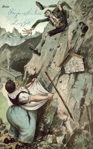 Mujer atrapando a hombre cayendo de la montaña de German School