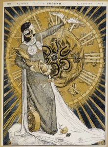 Mujer con los ojos vendados sosteniendo un cuerno de la abundancia y avanzando las manos de un reloj (Alegoría de la Fortuna) - en “Jugend” del 08/01/1900