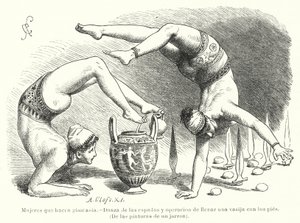 Mujeres haciendo gimnasia en la Antigua Grecia: danza con espada y llenando un recipiente con los pies de German School