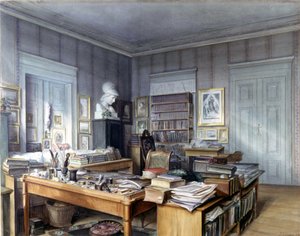 Sala de trabajo de Wilhelm Grimm (1786-1859) en Berlín, 7 Linkstrasse. Grabado por el Sr. Hoffmann. Museo Nacional, Núremberg. 1860 de German School