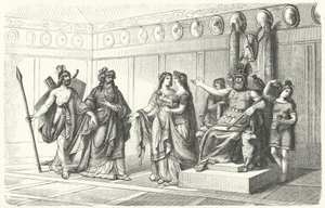 Wotan recibiendo a los músicos presentados por Bragi, el dios de la poesía y la canción (grabado) de German School