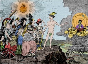 Peligro amarillo: el enemigo del Este se acerca - Prepárense para la liquidación - ¡Pueblos de Europa vendan sus bienes más caros! Lámina de Kladderadatsch, Berlín 1895