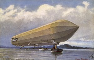Dirigible Zeppelin despegando de un lago de German School