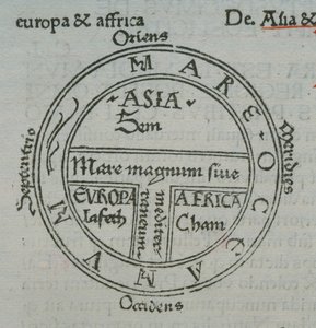 f.177v Mapa T-en-O, con nombres de lugares en letra impresa, de Isidoro de Sevilla, Liber Etimologiarvm
