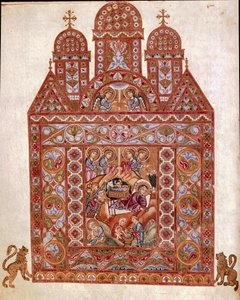 Natividad. Miniatura del Codex de Egberto (Codex Egberti) de la escuela de Reichenau. Aproximadamente 980, Cividale del Friuli, Museo Arqueológico o Catedral de Cividale de German School