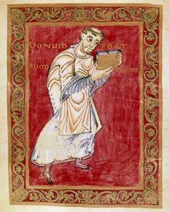 El monje Ruodprecht lleva el manuscrito al arzobispo Egberto de Tréveris (977-993). Miniatura del Codex de Egberto (Codex Egberti) de la escuela de Reichenau. Cividale del Friuli, Museo Arqueológico o Catedral de Cividale de German School