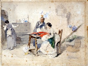 Mujeres milanesas confeccionan la bandera tricolor italiana. Acuarela de Gerolamo (Girolamo) Induno (1825 - 1890). Milán, Museo del Risorgimento. de Gerolamo Induno