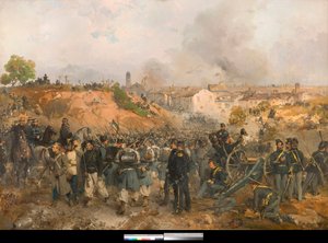 Risorgimento, Segunda Guerra de Independencia italiana: La batalla de Palestro el 30/05/1859 entre el Imperio austriaco y las fuerzas combinadas del Reino de Cerdeña-Piamonte y Francia Pintura de Gerolamo Induno (1825-1890) 1860 Colección particular de Gerolamo Induno