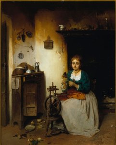 Mujer joven hilando lana, su expresión es triste y su interior miserable. Pintura de Gerolamo (Girolamo) Induno (1825-1890) Dim. 65x52 cm Genes Nervi, Galleria d