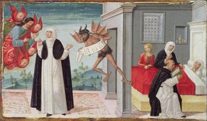 Santa Catalina de Siena intercede con Cristo para liberar a la hermana moribunda Palmerina de su pacto con el diablo