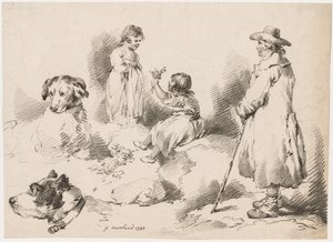 Estudios de niños, dos niñas pequeñas, dos perros, un hombre de Gerrard Street J. Harris Soho