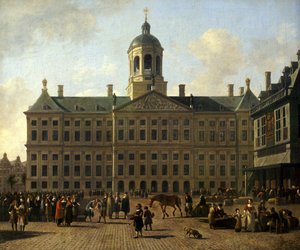 Alemán: Plaza Dam en Ámsterdam con el ayuntamiento y la balanza El ayuntamiento de Ámsterdam en la plaza Dam