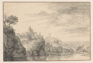 Vista de fantasía de una ciudad en la ribera de un río alto de Gerrit Battem