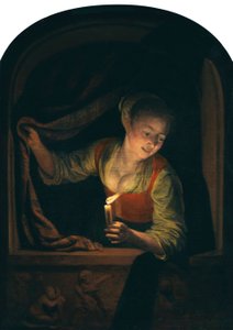 Holandés: Mujer joven con una vela encendida en una ventana de Gerrit Dou