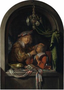Alemán: Der Zahnarzt Un barbero-cirujano examinando a una chica de Gerrit Dou