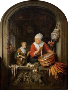 Mujer vendiendo arenques y niña en un escaparate de Gerrit Dou