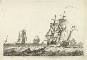 Brik y otros barcos en una vía fluvial ancha Varios barcos sobre las olas (título de la serie) de Gerrit Groenewegen