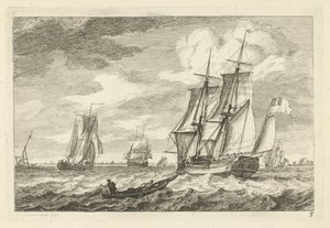 Brik y otros barcos en una vía fluvial ancha Varios barcos sobre las olas (título de la serie) de Gerrit Groenewegen