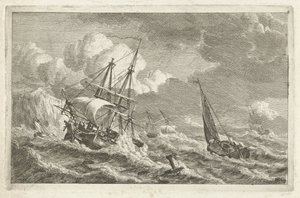 Barcos en peligro frente a una costa rocosa Varios barcos en el agua (título de la serie) de Gerrit Groenewegen