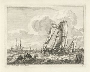 Barcos de vela y un bote de remos en aguas abiertas Paisajes marinos con barcos (título de la serie) de Gerrit Groenewegen