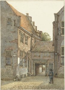 Vista de la entrada a la escuela latina, la escuela St. Hieronymus, en Kromme Nieuwegracht en Utrecht de Gerrit Lamberts