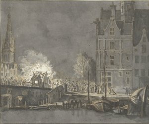 Quema de las casas de aduanas en Nieuwebrug en Amsterdam