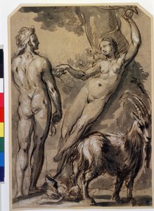 ""Adán y Eva"" Eva recogiendo el fruto prohibido y entregándoselo a Adán. Dibujo a pluma de Gerrit Pietersz (1566-circa 1616) Finales de la década de 1590. Museo Pushkin, Moscú de Gerrit Pietersz