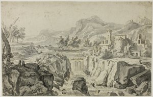 Paisaje a la italiana con cascada y edificios de Gerrit Rademaker